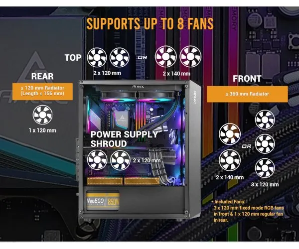 מארז Antec NX292 ARGB Mid Tower E-ATX MB 3X120MM ARGB SIDE GLASS